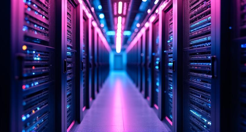 Server room with neon purple lighting